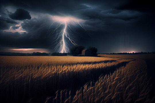 Gewitter mit einem Blitz und dramatischen Wolkenhimmel &uuml;ber einem Feld - Generative Ai