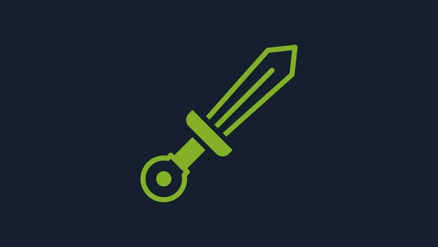 Yellow Medieval sword icon isolated on blue background. Medieval weapon. 4K Video motion graphic animation