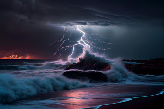 Gewitter mit einem Blitz und dramatischen Wolkenhimmel &uuml;ber dem Meer - Generative Ai