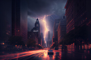Fototapeta Gewitter mit einem Blitz und dramatischen Wolkenhimmel über einer Stadt - Generative Ai obraz