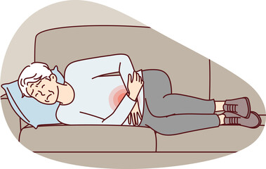Obraz premium Elderly man lies on couch is experiencing pain in stomach and weakness after poisoning. Vector image