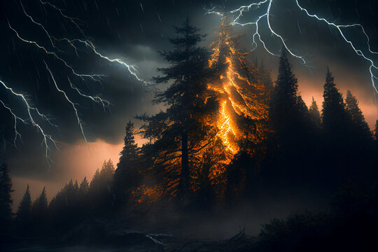 Gewitter mit einem Blitz und dramatischen Wolkenhimmel &uuml;ber einen Wald - Generative Ai