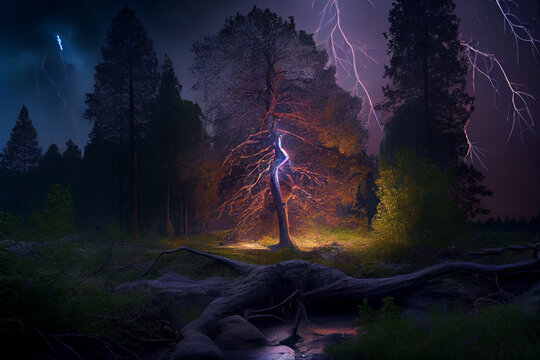 Gewitter mit einem Blitz und dramatischen Wolkenhimmel &uuml;ber einen Wald - Generative Ai