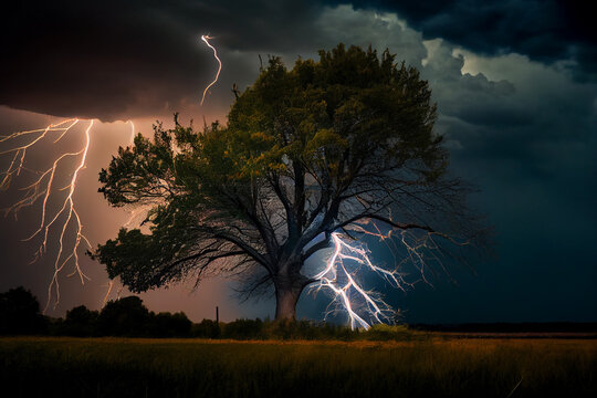 Gewitter mit einem Blitz und dramatischen Wolkenhimmel &uuml;ber einen Wald - Generative Ai