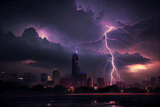 Gewitter mit einem Blitz und dramatischen Wolkenhimmel &uuml;ber eine Stadt - Generative Ai
