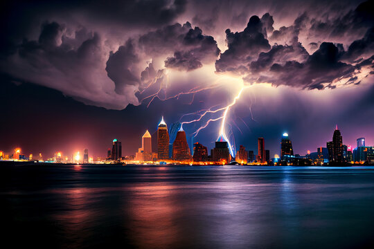 Gewitter mit einem Blitz und dramatischen Wolkenhimmel &uuml;ber eine Stadt - Generative Ai