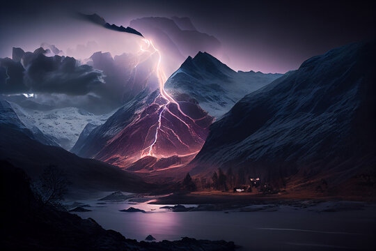 Gewitter mit einem Blitz und dramatischen Wolkenhimmel in den Bergen- Generative Ai