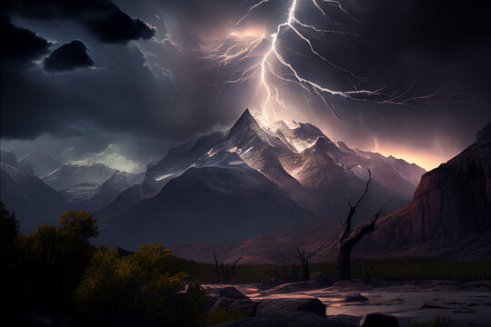 Gewitter mit einem Blitz und dramatischen Wolkenhimmel in den Bergen- Generative Ai