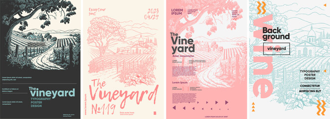 Nature. Landscape vineyard and farm. European landscape. Typography posters design. Simple pencil drawing. Set of flat vector illustrations. Print, banner, label, cover or t-shirt. - obrazy, fototapety, plakaty