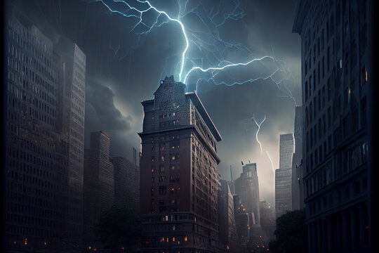 Gewitter mit einem Blitz und dramatischen Wolkenhimmel &uuml;ber eine Stadt - Generative Ai