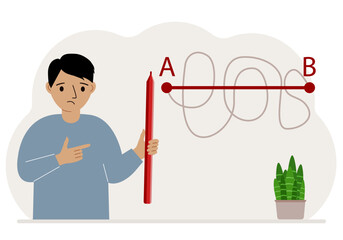 Little boy with a red pencil in her hand. A line is drawn from point A to point B, a straight and difficult path, the shortest distance to the goal, an easy or short path in study.