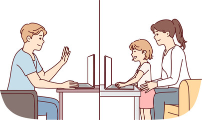 Family communicates via video call using laptop for video calls over Internet. Vector image