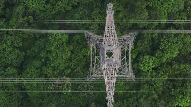 Aerial footage of  Electricity tower on mountain