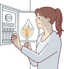 Woman with burning candle approaches power shield to find out reason for energy outage. Vector image