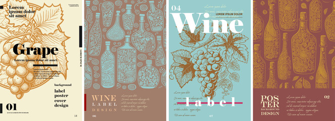 Wine. Grapes. Logo, label. Typography posters design. Simple pencil drawing. Set of flat vector illustrations. Print, banner, label, cover or t-shirt.