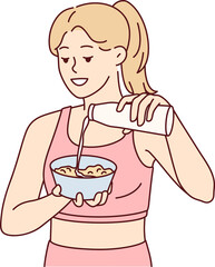 Woman preparing healthy breakfast adding milk to plate after morning fitness or sports. Vector image