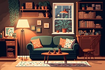 illustration cartoon, living room, generative AI