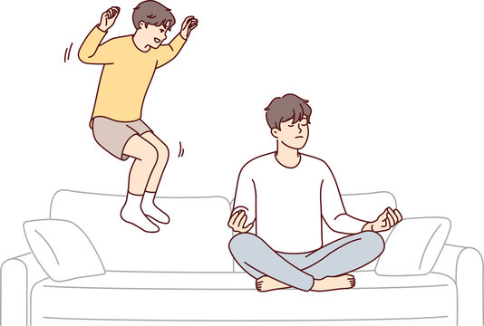 Restrained man sits cross-legged doing yoga ignoring younger brother jumping on sofa. Vector image