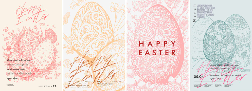 Happy Easter. Easter eggs with patterns. Set of flat vector illustrations.