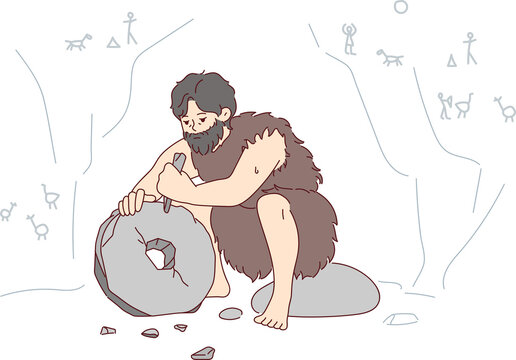 Ancient man with beard who lives in cave uses stone tool to create wheel. Vector image