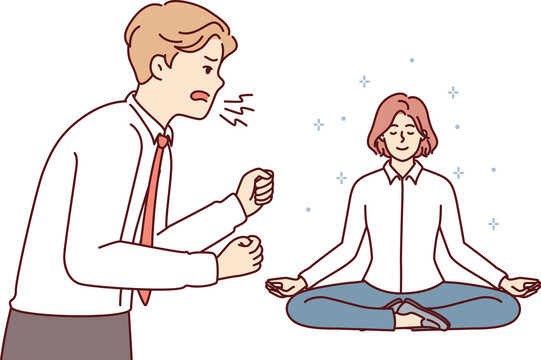 Girl in lotus position uses meditation and yoga located near screaming unbalanced man. Vector image