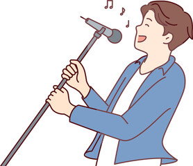 Man pop star sings song leaning back with microphone on tripod in hands. Vector image