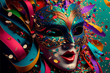 Brazilian carnival mask, background, confetti, streamers and glitter