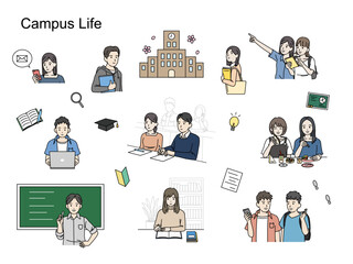 キャンパスライフ　大学生のイラストセット