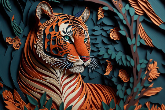 Paper quilling tiger with leaves and flowers. Craft style. Generative AI digital illustration.