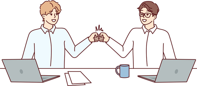 Two man managers bang their fists celebrating successful completion of deal. Vector image