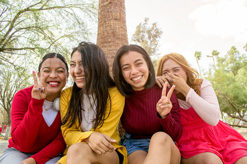 Grupo de amigas disfrutando al aire libre en un parque. Mujeres sonriendo frente a la cámara...