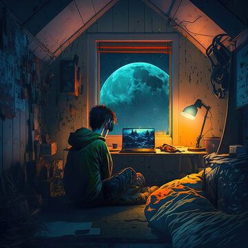 A lonely teenager chilling in his room facing a laptop, with a big moon outside the window. cozy orange lights.