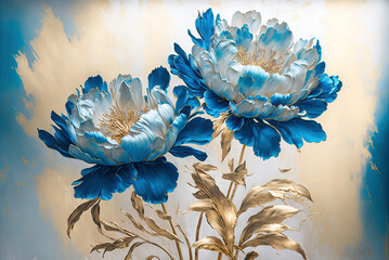 Abstract impressionism style landscape with blue flowers and golden brush strokes, white background,  Generative Ai