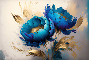 Abstract impressionism style landscape with blue peonies and golden brush strokes, white background,  Generative Ai