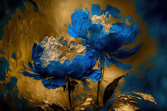 Abstract impressionism style landscape with blue peonies and golden brush strokes, Generative Ai