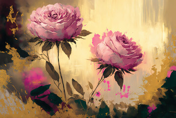 Abstract impressionism style landscape with pink roses and golden brush strokes, Generative Ai