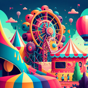 Parque de divers&atilde;o, bal&atilde;o, circo, festa, colorido, presente, sorriso, roda gigante, c&eacute;u, arte, parque, divertimento, feira