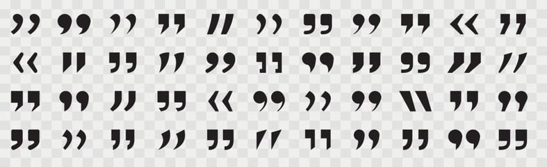 Set of quote mark. Set of quote mark black sign on white transparent. Quote marks outline. Speech marks. Talk bubble speech icon. Vector quote sign.Vector illustration.