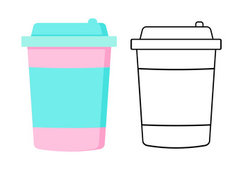 Delicious coffee paper cup icon pink and blue colors. Drink vector illustration design