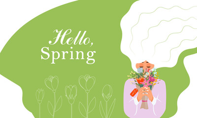 Women s day illustration. Girl with flowers. Flat style. Lattering Hello spring
