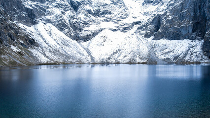 Czarny Staw pod Rysamy or Black Pond lake near the Morskie Oko Snowy Mountain Hut in Polish Tatry mountains, drone view, Zakopane, Poland. Aerial view shot of beautiful green hills and mountains in © anna.stasiia