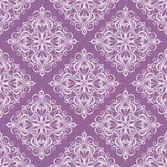 seamless graphic pattern, tile with abstract geometric white ornament on purple background, texture, design