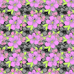 seamless pattern of pink silhouettes and black contours of flowers on a gray background, texture, design