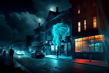 Eerie Bioluminescent Ghost in the City at Night - A Spooky and Otherworldly Street Scene with a Glowing Specter in the Darkness