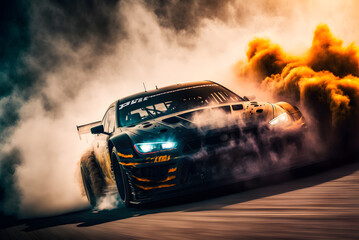 Car drifting image diffusion race drift car with lots of smoke from burning tires on speed track - obrazy, fototapety, plakaty