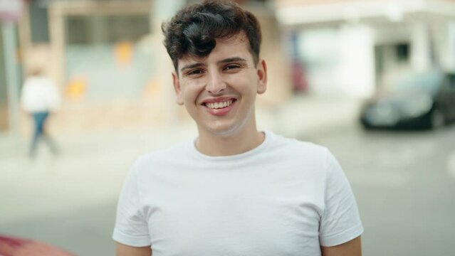 Non binary man smiling confident standing at street
