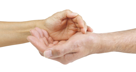 Female healing mentor with hand cupped and touching male hand  sharing and sensing energy  transparent png file