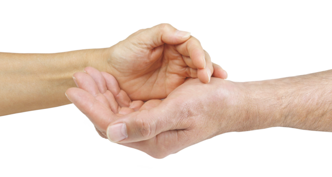 Female healing mentor with hand cupped and touching male hand  sharing and sensing energy  transparent png file
