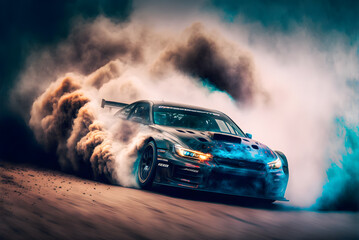 Car drifting image diffusion race drift car with lots of smoke from burning tires on speed track - obrazy, fototapety, plakaty