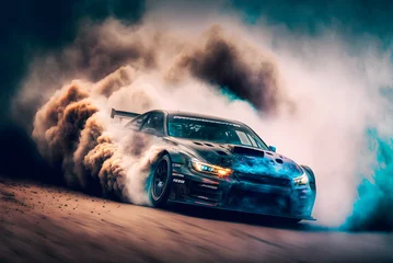 Deurstickers Car drifting image diffusion race drift car with lots of smoke from burning tires on speed track © Patrick